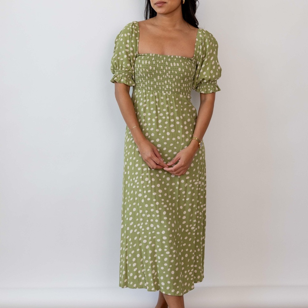 Kivari Sage Green Polka Dot Midi Dress